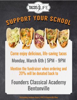 Monday, March 6th 5PM-9PM, Mention the Fundraiser and 20% donated back to FCA Bentonville